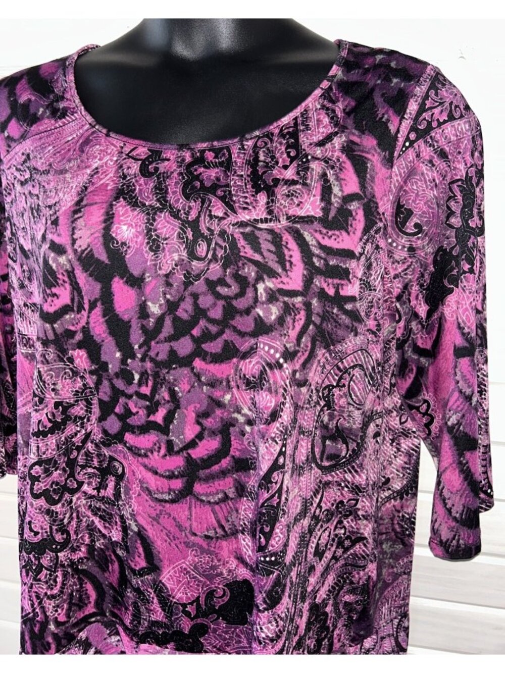 Kim Rogers Sz PLUS 2X Pink Black Scoop Neck Pullover Liquid Knit Blouse EUC